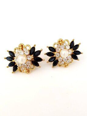 Faux pearl, black glass and cz gold post back earrings